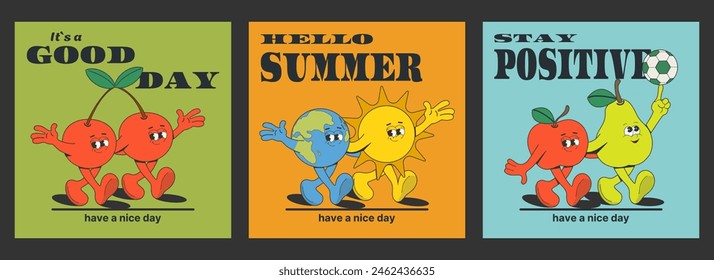A set of summer groovy posters. Cartoon characters: fruits, planet, sun with different quotes.Retro style.Elements for T-shirt prints.Vector illustration.