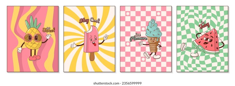 Set of summer groovy posters with cheerful food and drinks characters Vector Illustration with bubble tea, lemonade, ice cream, watermelon, pineapple.	