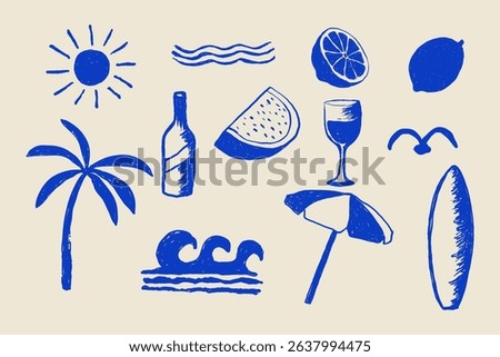Set of Summer Grunge Elements Abstract Hand Drawn Style.