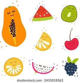 Set of summer hand draw fruits isolated on white. Vector illustration with kawaii eyes. Papaya,pawpaw, cherry,watermelon, kiwi,orange, lime,blackberry,bramble,dewberry,dragon fruit, pitahaya,pitaya. 