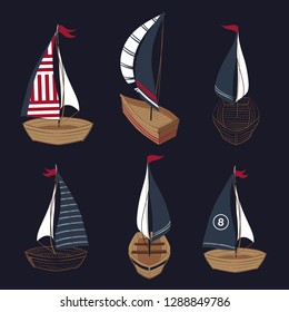 Set of summer hand drawn boat collection vector on navy blue background color