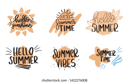 Set of Summer Hand drawn Brush lettering composition. 