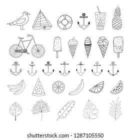 Set of summer hand drawn design elements. Bird, 