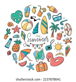 set of summer hand drawn doodles, clipart isolated on white background. Good for stickers, labels, posters, cards, scrapbooking, stationary, etc. EPS 10