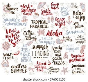 Set of summer hand drawn phrases. Lettering design for posters, t-shirts, cards, invitations, stickers, banners, advertisement. Vector.