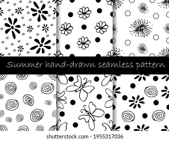 Set of summer hand-drawing pattern with different flowers,  butterflies and shapes for decoration interior, fabrics, print posters, greeting card, business banner, wrapping in modern doodle style 