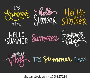 Set of summer handwritten lettering elements. Vector phrases hello summer vibes. Coloring templates