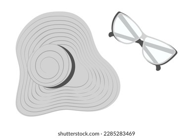 Set of summer hat with wide brim and a strips around and glasses with clear lenses in grayscale. EPS