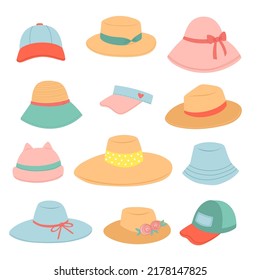 Set of summer hats and caps, straw hat flat design vector illustration. 