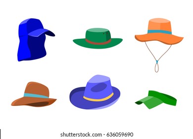 Set of summer hats for men and women isolated on white background. Flat style icons of sun hats. Vector illustration in eps8 format.