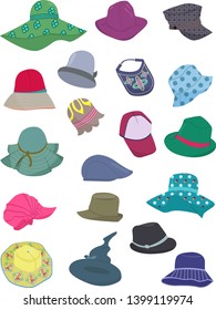Set of summer hats, nice headwear for beach, holidays and casual life, isolated on white background.