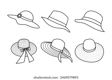 Set of summer hats with outline design style. hat isolated on white background