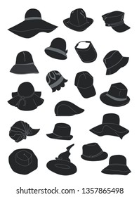 Set of summer hats silhouettes, nice headwears for beach, holidays and casual life, isolated on white background.