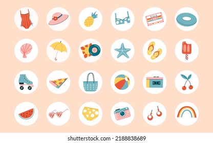 Set of summer highlight covers with 60s, 70s elements for social media. Flat vector illustration.