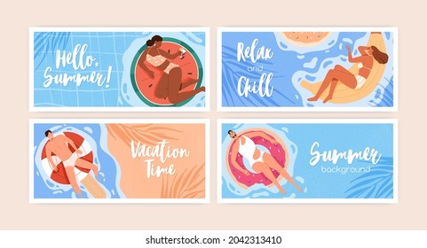 Set of summer holiday backgrounds with happy people relaxing and sunbathing in water with pool rings and beach mattresses. Banners with summertime sea resorts. Colored flat vector illustrations