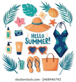 Set summer holiday beach elements. Hello summer lettering. Cartoon vector illustration.