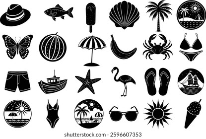 Set of summer holiday beach elements silhouette.
