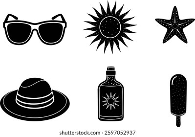 Set of summer holiday beach elements silhouette art