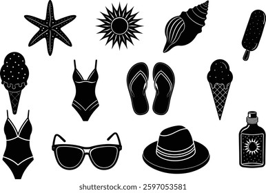 Set of summer holiday beach elements vector silhouette