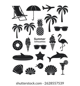 A set of summer holiday beach elements silhouettes.