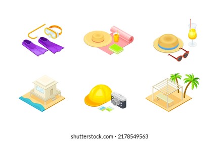 Set of summer holiday and beach objects. Flippers, diving mask, straw hat, goggles, bungalow and camera vector illustration
