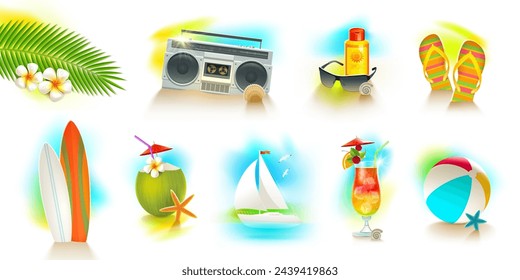 Set of summer holiday and beach vacations design elements. Vector illustration.