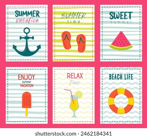 Set of Summer holiday cards with anchor, flip flops, watermelon, ice cream, glass of juice. Perfect for summertime posters, banners, gift, print. Vector illustration.