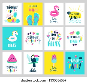 Set of Summer holiday cards. Hand drawn beautiful posters. Vector illustration