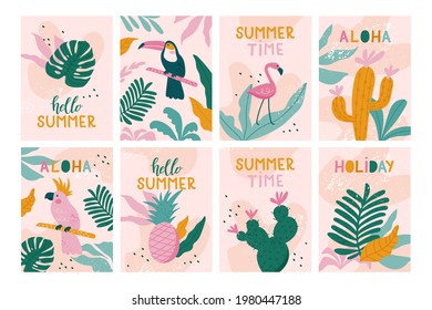 Set of Summer holiday cards. Hand drawn beautiful posters with toucans, flamingos, parrot, cactuses, exotic leaves in trendy style. Vector illustration