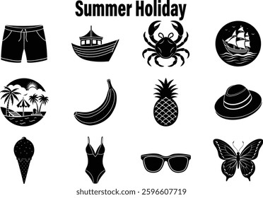 Set of summer holiday elements silhouette