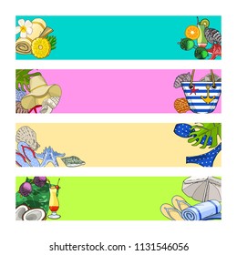 Set of summer holiday horizontal banners, vector illustration. Leisure, beach, sea, beach accessories