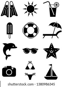 Set of summer holiday icons, including swimsuit, ice cream, sea star, cocktail, sunglasses, sun, photo camera, flippers, sailboat and others. Vector isolated on white background.