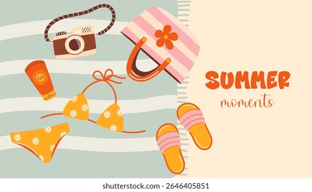 Um conjunto de itens de férias de verão dispostos em uma toalha de praia. Acessórios para férias de verão na praia. Ilustração de banner brilhante de verão em estilo plano simples