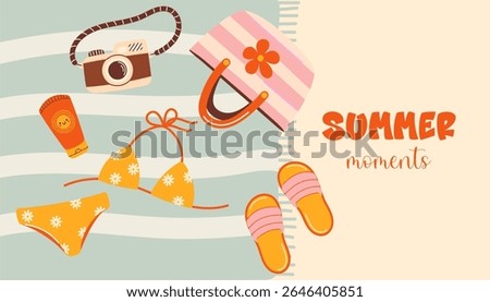 A set of summer holiday items laid out on a beach towel. Accesories for summer beach vacations. Summer bright banner illustration in simple flat style