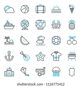 set of summer holiday party icon, with simple outline and modern concept, editable stroke, use for travel reservation web assest and infographic pictogram, journey , toursim, traveling, beach party 