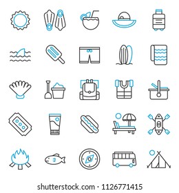 set of summer holiday party icon, with simple outline and modern concept, editable stroke, use for travel reservation web icons and infographic pictogram, vocation, toursim, traveling, beach party 