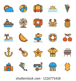 set of summer holiday party icon, with simple outline and modern concept, editable stroke, use for travel reservation web assest and presentation pictogram, vocation, toursim, traveling, beach party 