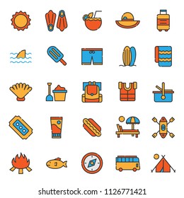 set of summer holiday party icon, with simple outline and flat concept, editable stroke, use for travel reservation web assest and infographic pictogram, vocation, toursim, traveling, beach party 