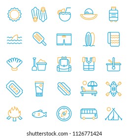 set of summer holiday party icon, with simple blue line and modern concept, editable stroke, use for travel reservation web assest and infographic pictogram, vocation, toursim, traveling, beach party 