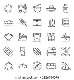 set of summer holiday party and travell ing icon, with simple outline and modern concept, editable stroke, use for travel reservation web assest and infographic pictogram, toursim, beach party day