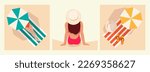Set of summer holiday posters. Retro beach vacation illustration. Girl under an umbrella on the beach, girl sunbathing on the beach. Beach umbrella, towel, hat