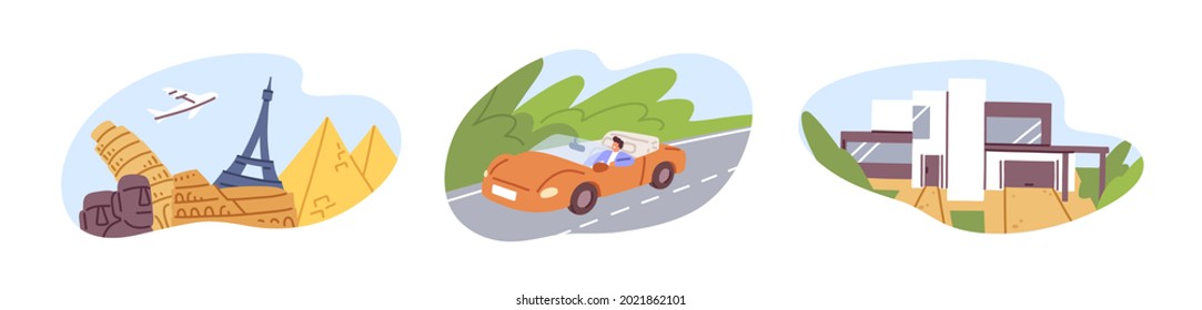 Escenas de vacaciones de verano sobre viajar en avión para visitar monumentos, persona en viaje de carretera en auto y casa. Concepto de turismo. Ilustración vectorial plana aislada en fondo blanco