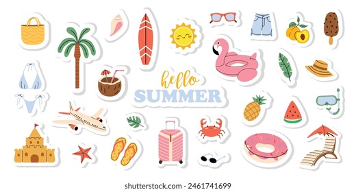 Set of summer holiday stickers. Cute summer elements for scrapbooking. Hello summer. Vacation or relaxing on beach. Flat vector collection on white isolated background. 