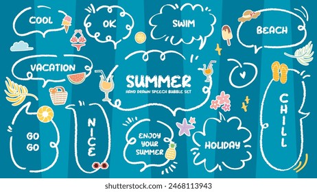 Conjunto de burbuja de discurso de tema de vacaciones de verano. Crayón dibujo garabato estilo de dibujos animados etiqueta de memo. Lindo y colorido cuadro de diálogo de símbolo de vacaciones . Cuadro en blanco nube Chill Nice, Disfrutar, Playa, Nadar, Ir