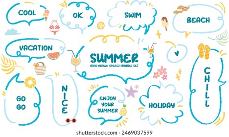 Conjunto de burbuja de discurso de tema de vacaciones de verano. Crayón dibujo garabato estilo de dibujos animados etiqueta de memo. Lindo y colorido cuadro de diálogo de símbolo de vacaciones . Cuadro en blanco nube Chill Nice, Disfrutar, Playa, Nadar, Ir