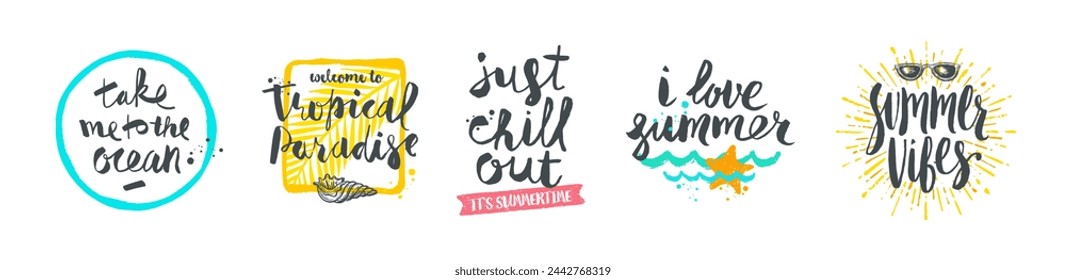 Set of summer holiday and vacation brush calligraphy lettering. Vector illustration.