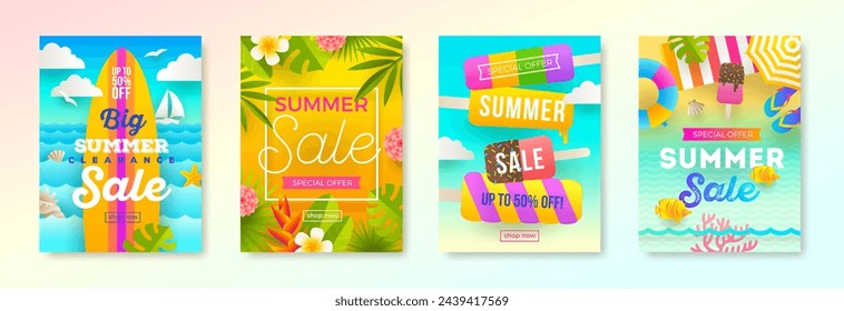 Set of summer holiday, vacation and travel colorful bright background. Summer sale promotion banner. Poster or flyer promo design. Vector illustration.