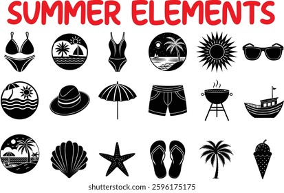 Set of summer holiday vector silhouette and graphic elements