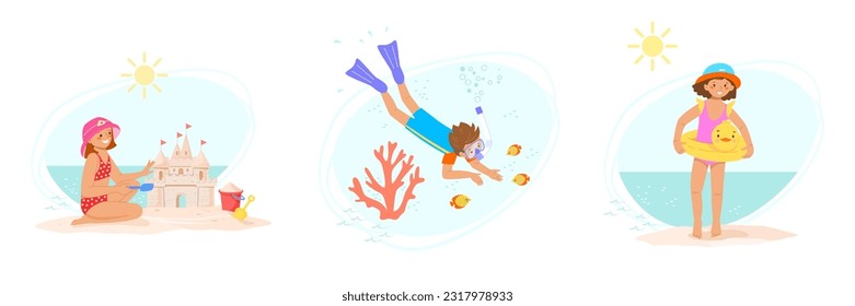 Set of summer holidays with children at sea. Little boy dives with  mask under water, girl in Panama hat and swimsuit with an inflatable circle, child builds sand castle on beach. Vector illustration.