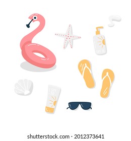 A set for summer holidays. The concept of the resort. Travel kit with a flamingo lifebuoy, slates, sunscreen, starfish, etc. Vector illustration of isolated objects